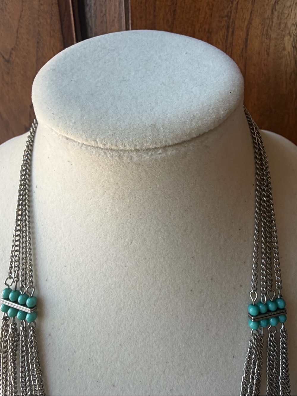 Long Silver Tone Multi Strand Chain Necklace Turquoise Bead Boho Statement - Picture 4 of 9